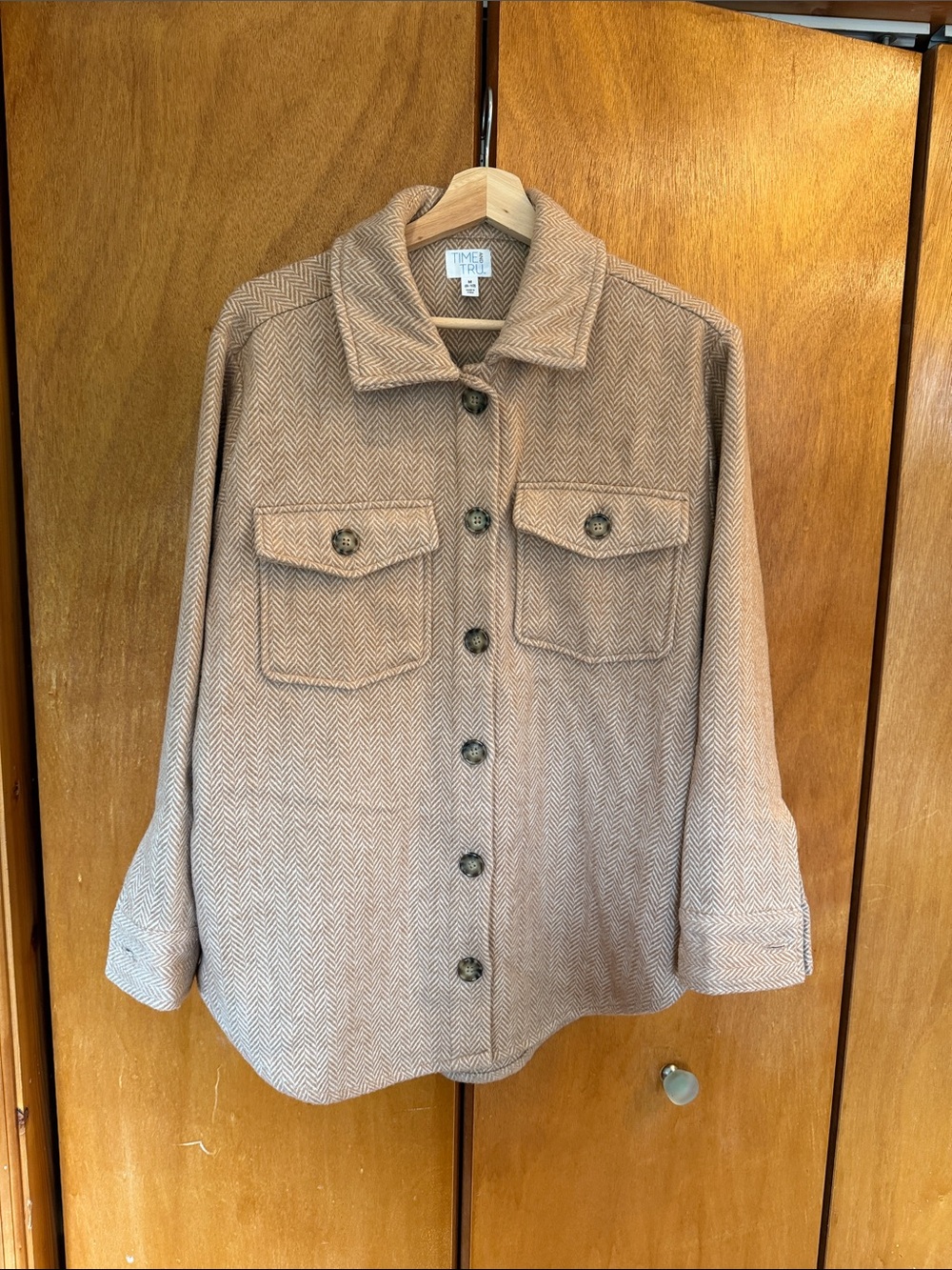Time and Tru Tan Herringbone Button-Front Utility Shacket - Picture 1 of 2